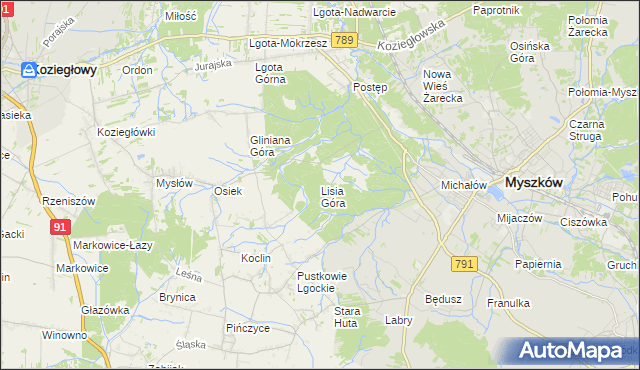 mapa Lisia Góra gmina Koziegłowy, Lisia Góra gmina Koziegłowy na mapie Targeo