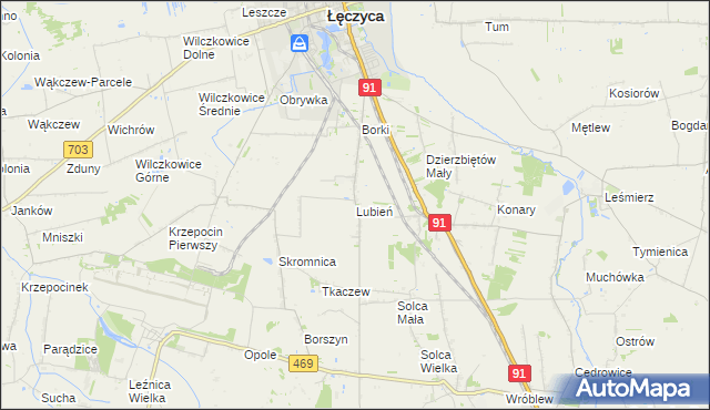 mapa Lubień gmina Łęczyca, Lubień gmina Łęczyca na mapie Targeo
