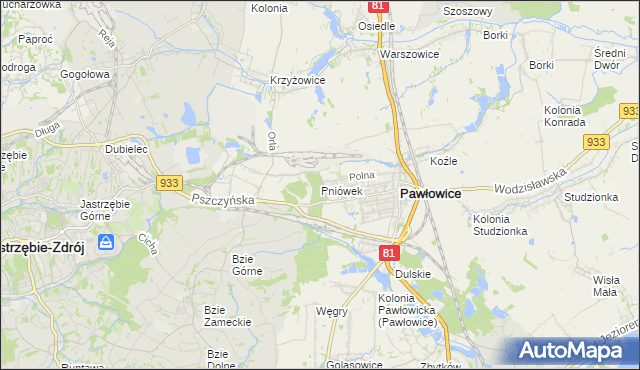 mapa Pniówek gmina Pawłowice, Pniówek gmina Pawłowice na mapie Targeo