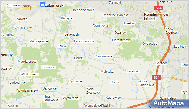 mapa Prusinowice gmina Lutomiersk, Prusinowice gmina Lutomiersk na mapie Targeo