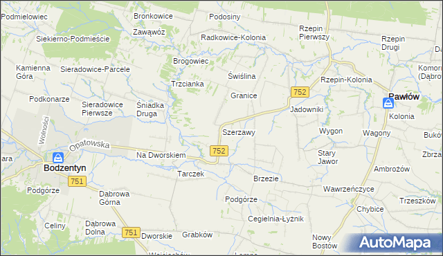 mapa Szerzawy gmina Pawłów, Szerzawy gmina Pawłów na mapie Targeo