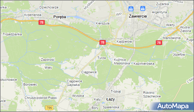 mapa Turza gmina Łazy, Turza gmina Łazy na mapie Targeo