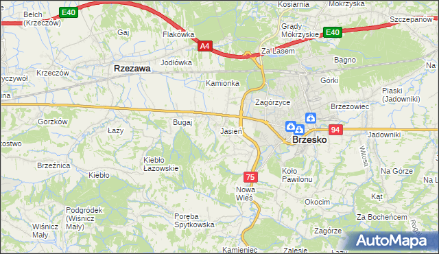 mapa Jasień gmina Brzesko, Jasień gmina Brzesko na mapie Targeo