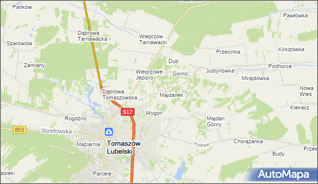 mapa Majdanek gmina Tomaszów Lubelski, Majdanek gmina Tomaszów Lubelski na mapie Targeo