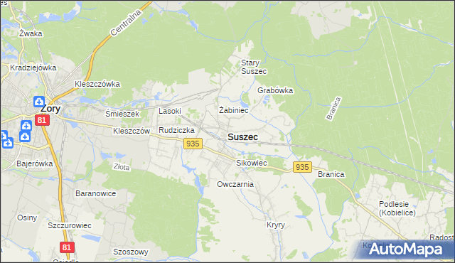 mapa Suszec powiat pszczyński, Suszec powiat pszczyński na mapie Targeo