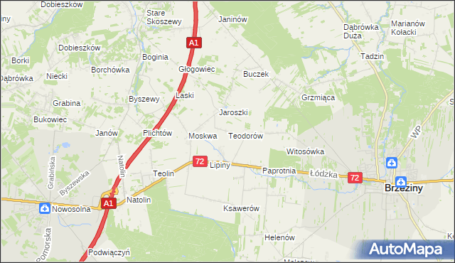 mapa Teodorów gmina Brzeziny, Teodorów gmina Brzeziny na mapie Targeo