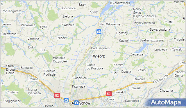 mapa Wieprz powiat wadowicki, Wieprz powiat wadowicki na mapie Targeo