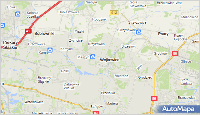 mapa Wojkowice powiat będziński, Wojkowice powiat będziński na mapie Targeo