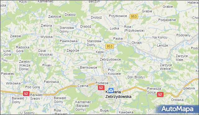 mapa Zebrzydowice gmina Kalwaria Zebrzydowska, Zebrzydowice gmina Kalwaria Zebrzydowska na mapie Targeo