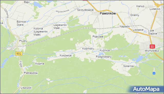 mapa Kośmidry gmina Pawonków, Kośmidry gmina Pawonków na mapie Targeo