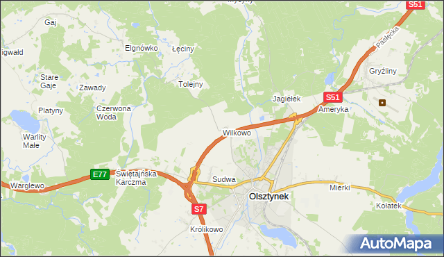 mapa Wilkowo gmina Olsztynek, Wilkowo gmina Olsztynek na mapie Targeo