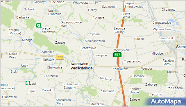 mapa Biskupice gmina Iwanowice, Biskupice gmina Iwanowice na mapie Targeo