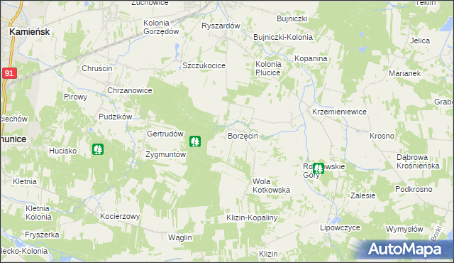 mapa Borzęcin gmina Gorzkowice, Borzęcin gmina Gorzkowice na mapie Targeo