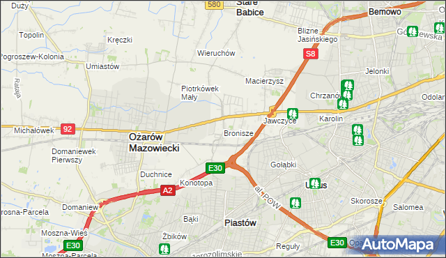 mapa Bronisze gmina Ożarów Mazowiecki, Bronisze gmina Ożarów Mazowiecki na mapie Targeo