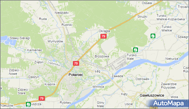 mapa Brzozowa gmina Połaniec, Brzozowa gmina Połaniec na mapie Targeo