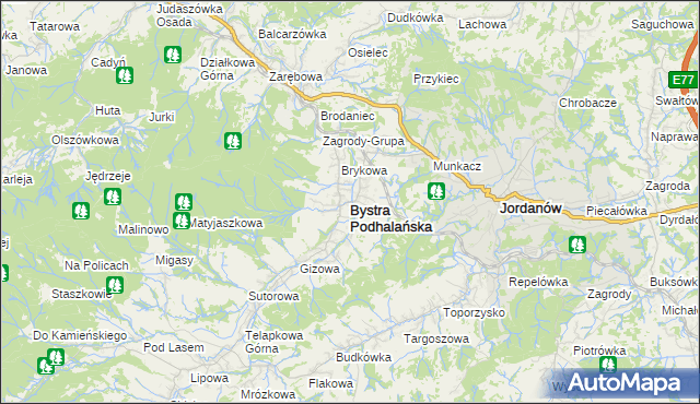 mapa Bystra Podhalańska, Bystra Podhalańska na mapie Targeo