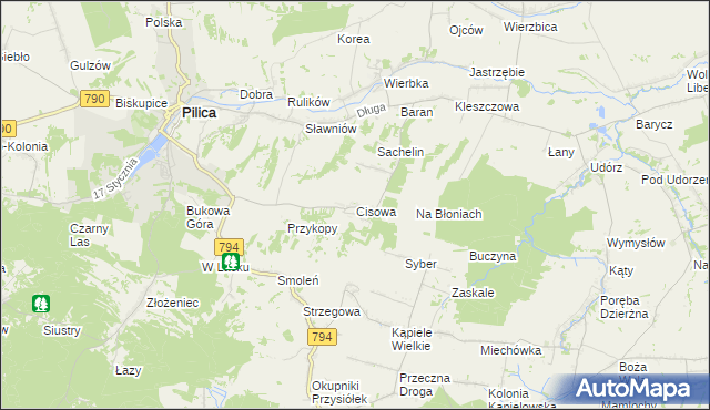 mapa Cisowa gmina Pilica, Cisowa gmina Pilica na mapie Targeo