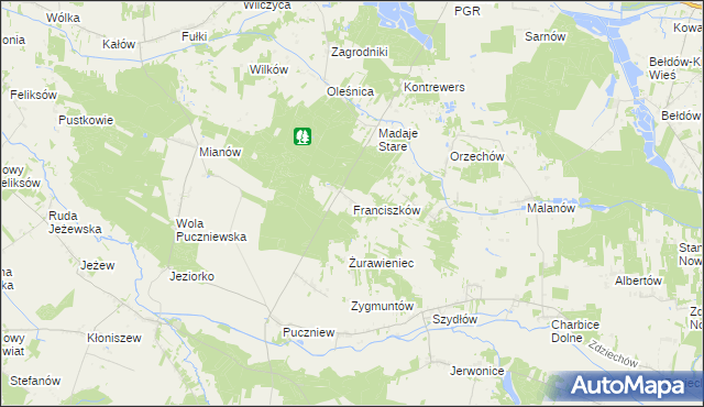 mapa Franciszków gmina Lutomiersk, Franciszków gmina Lutomiersk na mapie Targeo