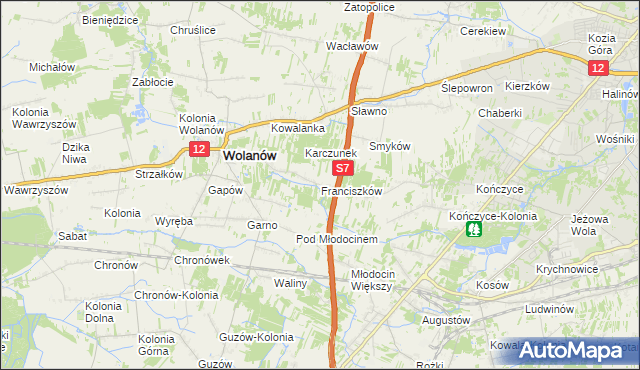 mapa Franciszków gmina Wolanów, Franciszków gmina Wolanów na mapie Targeo