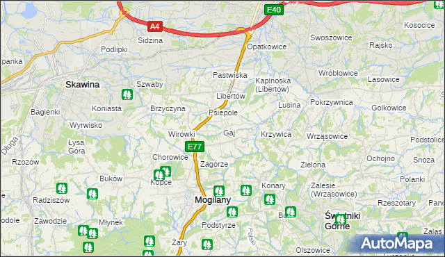 mapa Gaj gmina Mogilany, Gaj gmina Mogilany na mapie Targeo