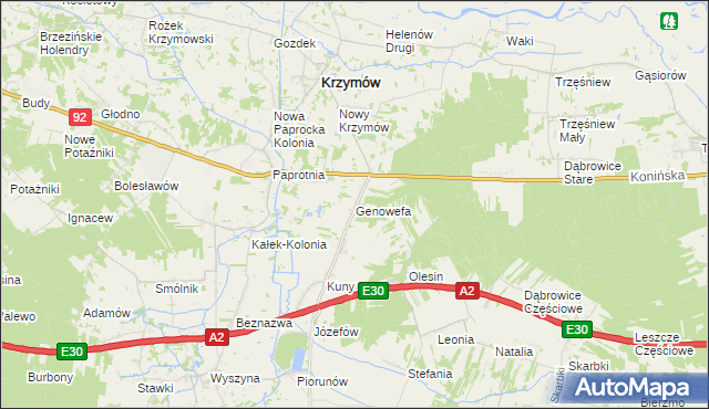 mapa Genowefa gmina Krzymów, Genowefa gmina Krzymów na mapie Targeo