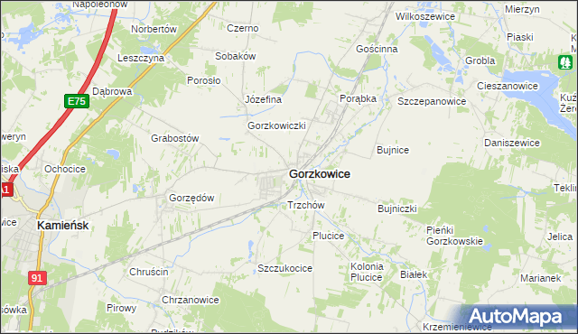 mapa Gorzkowice, Gorzkowice na mapie Targeo