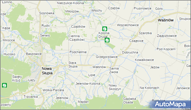 mapa Grzegorzowice gmina Waśniów, Grzegorzowice gmina Waśniów na mapie Targeo