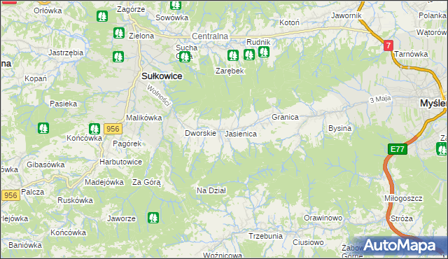 mapa Jasienica gmina Myślenice, Jasienica gmina Myślenice na mapie Targeo