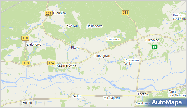 mapa Jędrzejewo gmina Czarnków, Jędrzejewo gmina Czarnków na mapie Targeo