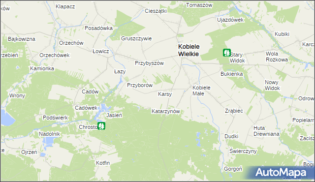 mapa Karsy gmina Kobiele Wielkie, Karsy gmina Kobiele Wielkie na mapie Targeo