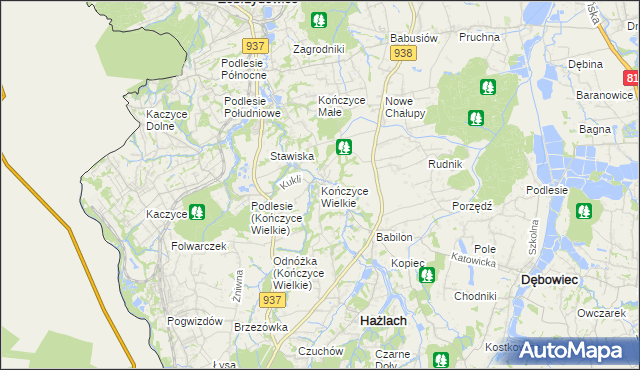 mapa Kończyce Wielkie, Kończyce Wielkie na mapie Targeo