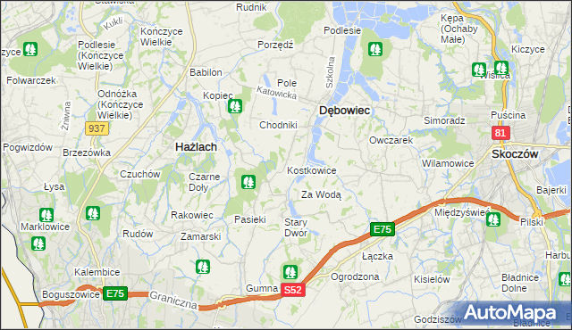 mapa Kostkowice gmina Dębowiec, Kostkowice gmina Dębowiec na mapie Targeo