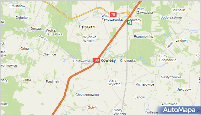 mapa Kowiesy powiat skierniewicki, Kowiesy powiat skierniewicki na mapie Targeo