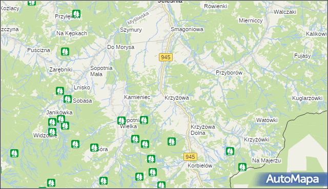 mapa Krzyżowa gmina Jeleśnia, Krzyżowa gmina Jeleśnia na mapie Targeo