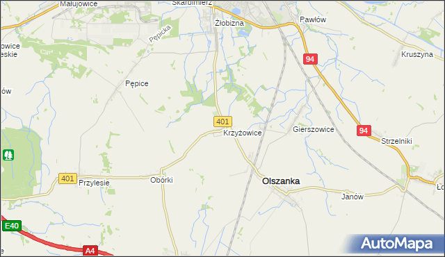 mapa Krzyżowice gmina Olszanka, Krzyżowice gmina Olszanka na mapie Targeo