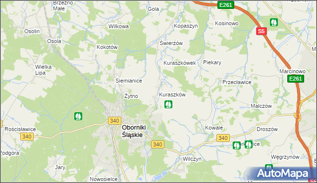 mapa Kuraszków gmina Oborniki Śląskie, Kuraszków gmina Oborniki Śląskie na mapie Targeo