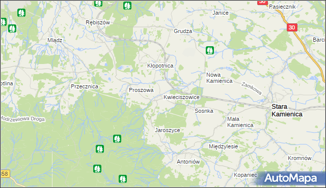 mapa Kwieciszowice, Kwieciszowice na mapie Targeo