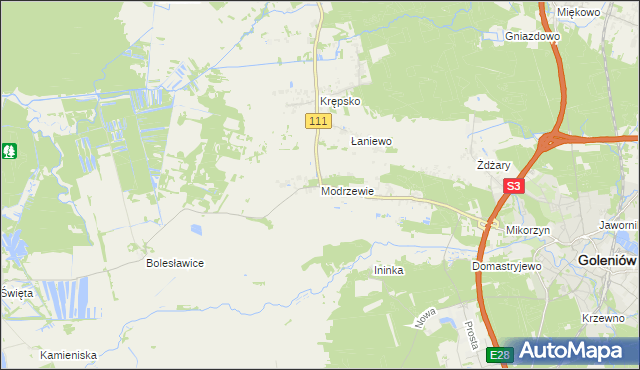 mapa Modrzewie gmina Goleniów, Modrzewie gmina Goleniów na mapie Targeo