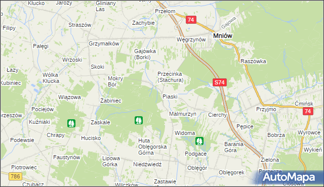 mapa Piaski gmina Mniów, Piaski gmina Mniów na mapie Targeo