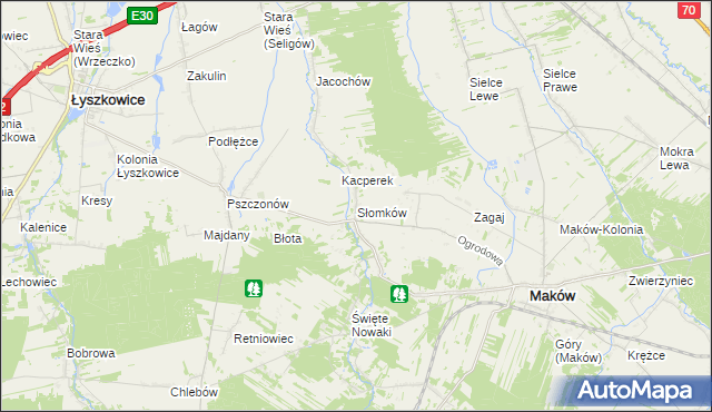 mapa Słomków gmina Maków, Słomków gmina Maków na mapie Targeo