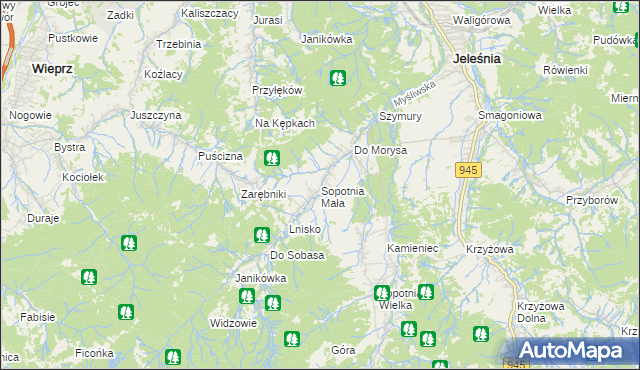 mapa Sopotnia Mała, Sopotnia Mała na mapie Targeo