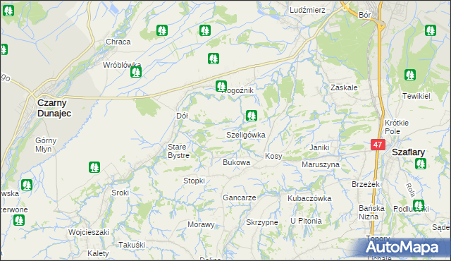 mapa Szeligówka gmina Czarny Dunajec, Szeligówka gmina Czarny Dunajec na mapie Targeo