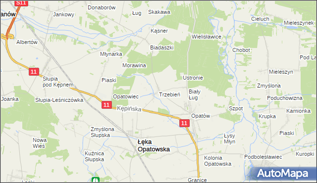 mapa Trzebień gmina Łęka Opatowska, Trzebień gmina Łęka Opatowska na mapie Targeo