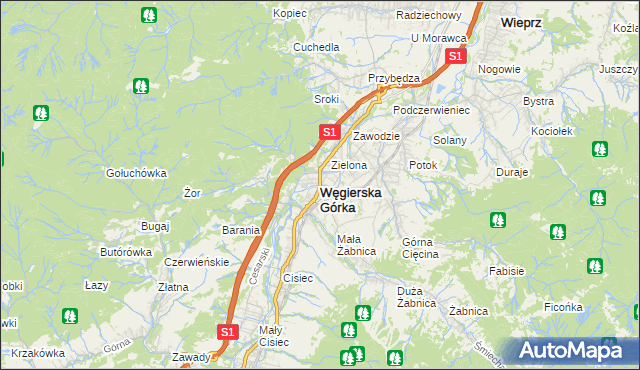 mapa Węgierska Górka, Węgierska Górka na mapie Targeo