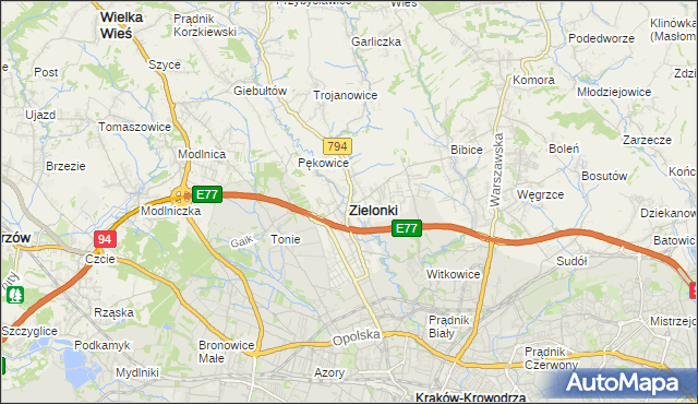mapa Zielonki powiat krakowski, Zielonki powiat krakowski na mapie Targeo