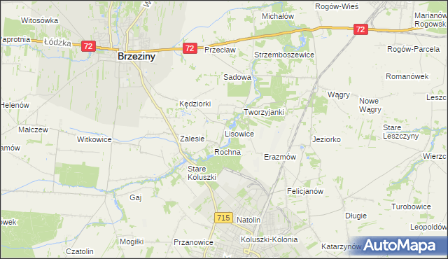 mapa Lisowice gmina Koluszki, Lisowice gmina Koluszki na mapie Targeo