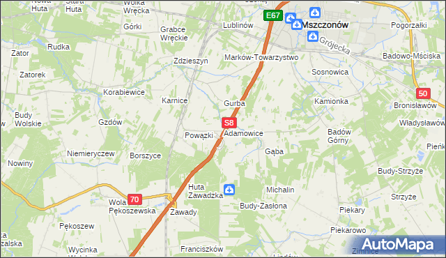 mapa Adamowice gmina Mszczonów, Adamowice gmina Mszczonów na mapie Targeo
