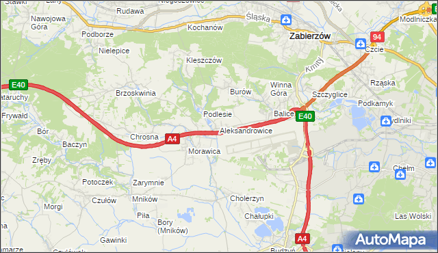 mapa Aleksandrowice gmina Zabierzów, Aleksandrowice gmina Zabierzów na mapie Targeo