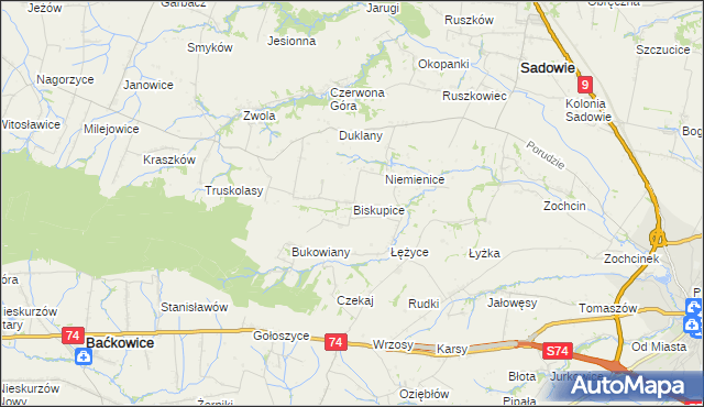 mapa Biskupice gmina Sadowie, Biskupice gmina Sadowie na mapie Targeo