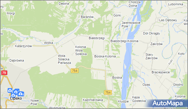 mapa Boiska-Kolonia gmina Solec nad Wisłą, Boiska-Kolonia gmina Solec nad Wisłą na mapie Targeo